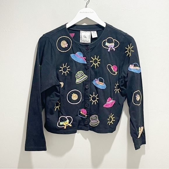 Michael Simon Sweaters - Vintage MICHAEL SIMON LITE Black Novelty Embroidered Cardigan Hats Purses Sun PS